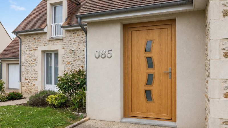 Porte d'entrée bois modèle 085 sur mesure — photo d'ambiance, chêne verni