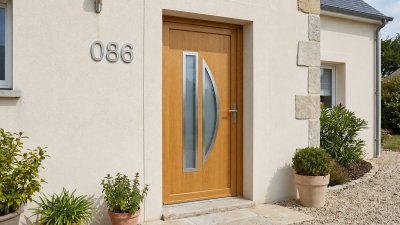 Porte d'entrée bois modèle 086 sur mesure — photo d'ambiance, chêne verni