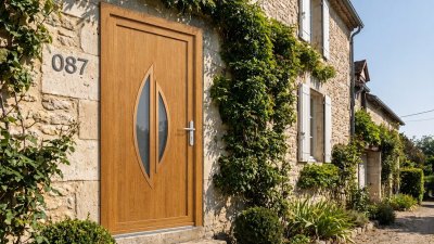 Porte d'entrée bois modèle 087 sur mesure — photo d'ambiance, chêne verni