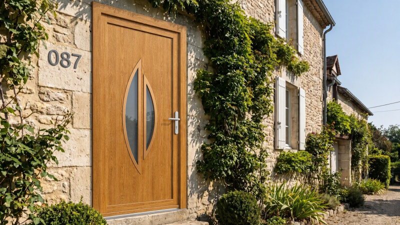 Porte d'entrée bois modèle 087 sur mesure — photo d'ambiance, chêne verni