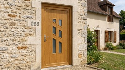 Porte d'entrée bois modèle 088 sur mesure — photo d'ambiance, chêne verni