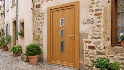 Porte d'entrée bois modèle 089 sur mesure — photo d'ambiance, chêne verni