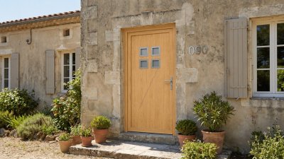 Porte d'Entrée Bois Sur Mesure – Semi-Vitrée Moderne, 4 Carreaux en Bloc
