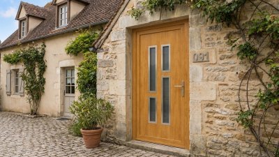 Porte d'Entrée Bois Sur Mesure – Vitrée Moderne, 4 Vitrages en 2 Colonnes