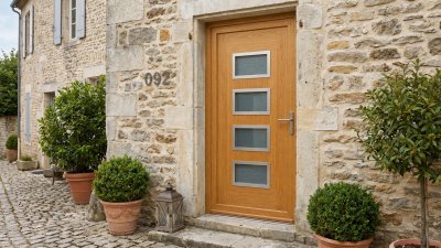 Porte d'Entrée Bois Sur Mesure – Vitrée Moderne, 4 Vitrages Horizontaux en Échelle