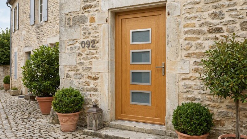 Porte d'entrée bois modèle 092 sur mesure — photo d'ambiance, chêne verni
