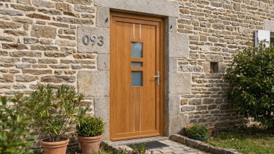 Porte d'Entrée Bois Sur Mesure – Semi-Vitrée Moderne, 3 Vitrages et Baguettes Verticales