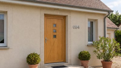 Porte d'entrée bois modèle 094 sur mesure — photo d'ambiance, chêne verni