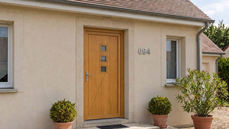 Porte d'entrée bois modèle 094 sur mesure — photo d'ambiance, chêne verni
