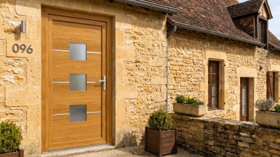 Porte d'Entrée Bois Sur Mesure – Semi-Vitrée Moderne, 3 Carreaux Barrés de Baguettes