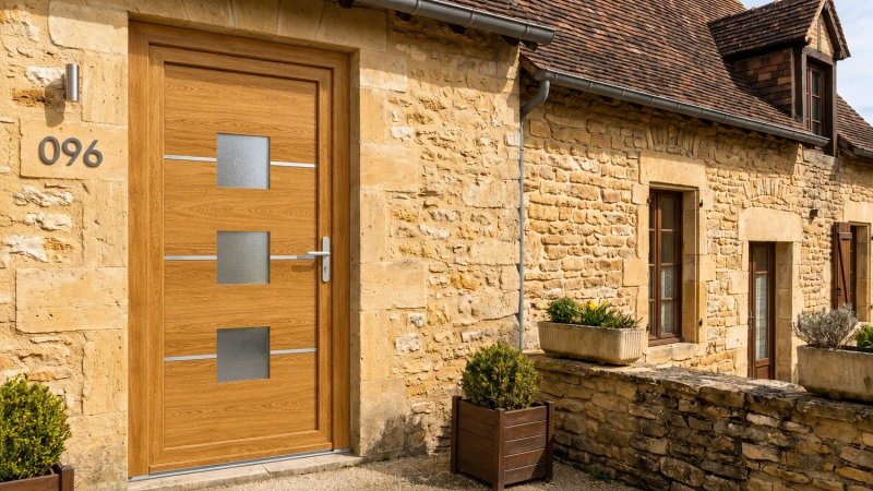Porte d'entrée bois modèle 096 sur mesure — photo d'ambiance, chêne verni