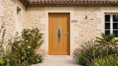 Porte d'entrée bois modèle 098 sur mesure — photo d'ambiance, chêne verni