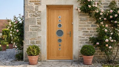 Porte d'Entrée Bois Sur Mesure – Semi-Vitrée Design, Colonne de 7 Hublots