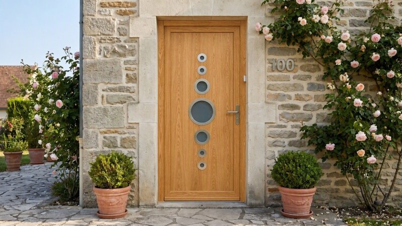 Porte d'entrée bois modèle 100 sur mesure — photo d'ambiance, chêne verni