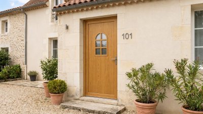 Porte d'Entrée Bois Sur Mesure – Semi-Vitrée Style Ancien, Fenêtre Cintrée à Croisillons