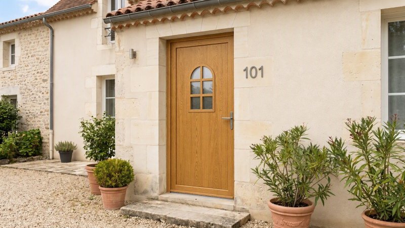 Porte d'entrée bois modèle 101 sur mesure — photo d'ambiance, chêne verni