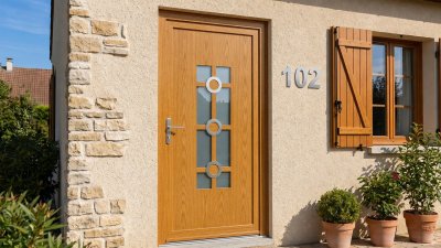 Porte d'Entrée Bois Sur Mesure – Vitrée Style Ancien, Croisillons et 3 Anneaux