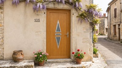 Porte d'Entrée Bois Sur Mesure – Semi-Vitrée Design, 2 Triangles Opposés