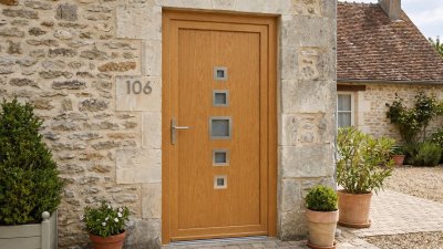 Porte d'entrée bois modèle 106 sur mesure — photo d'ambiance, chêne verni