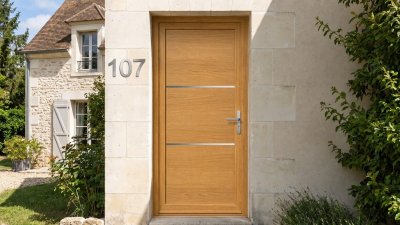 Porte d'entrée bois modèle 107 sur mesure — photo d'ambiance, chêne verni