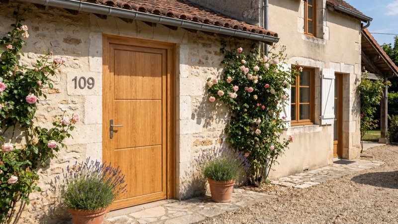 Porte d'entrée bois modèle 109 sur mesure — photo d'ambiance, chêne verni