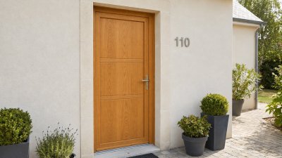 Porte d'entrée bois modèle 110 sur mesure — photo d'ambiance, chêne verni