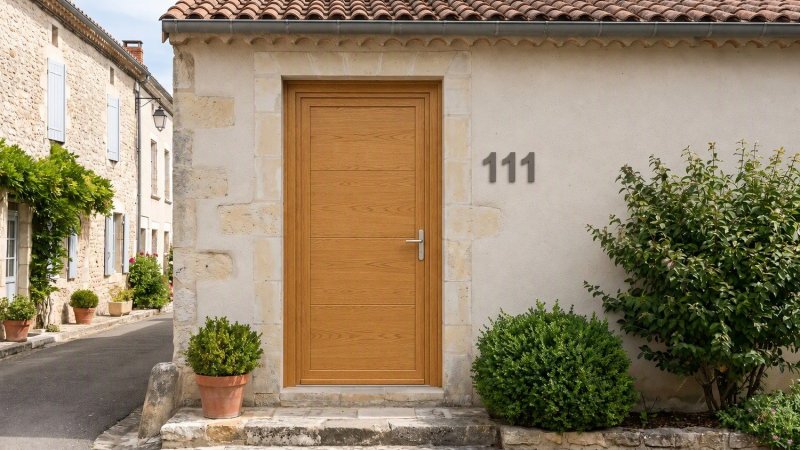 Porte d'entrée bois modèle 111 sur mesure — photo d'ambiance, chêne verni
