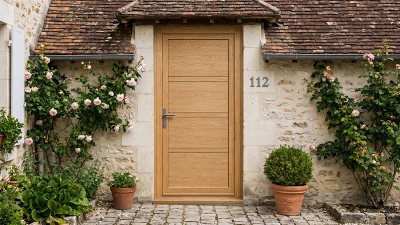 Porte d'entrée bois modèle 112 sur mesure — photo d'ambiance, chêne verni