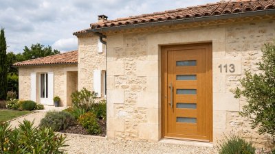Porte d'Entrée Bois Sur Mesure – Semi-Vitrée Moderne, 5 Vitrages Horizontaux Empilés