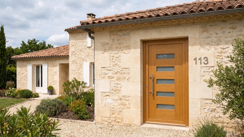 Porte d'entrée bois modèle 113 sur mesure — photo d'ambiance, chêne verni