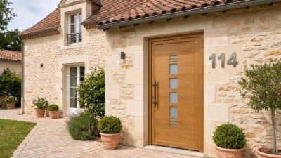 Porte d'entrée bois modèle 114 sur mesure — photo d'ambiance, chêne verni