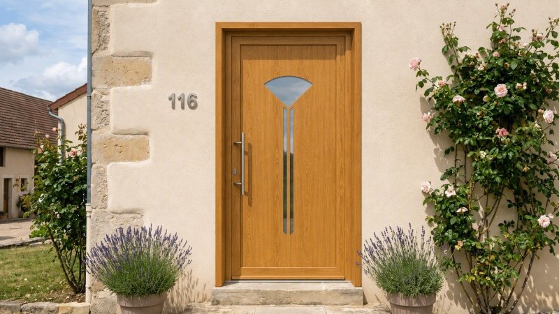 Porte d'entrée bois modèle 116 sur mesure — photo d'ambiance, chêne verni