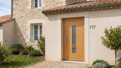 Porte d'entrée bois modèle 117 sur mesure — photo d'ambiance, chêne verni