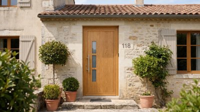 Porte d'entrée bois modèle 118 sur mesure — photo d'ambiance, chêne verni