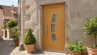 Porte d'Entrée Bois Sur Mesure – Semi-Vitrée Contemporaine, 3 Vitrages en Arc de Cercle