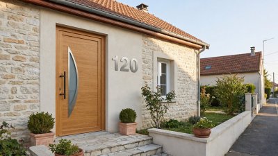 Porte d'entrée bois modèle 120 sur mesure — photo d'ambiance, chêne verni