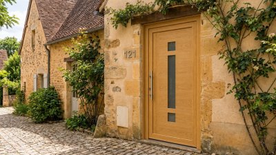 Porte d'Entrée Bois Sur Mesure – Semi-Vitrée Moderne, Long Vitrage et 2 Carreaux