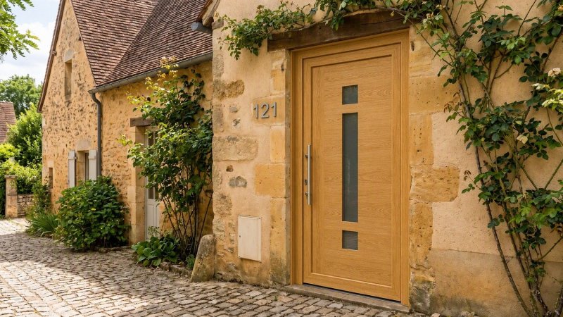 Porte d'entrée bois modèle 121 sur mesure — photo d'ambiance, chêne verni