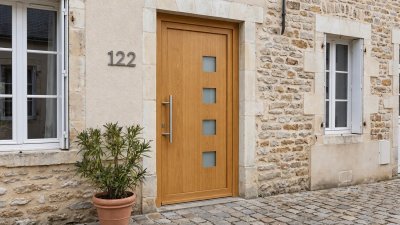 Porte d'Entrée Bois Sur Mesure – Semi-Vitrée Moderne, 4 Carreaux Décalés