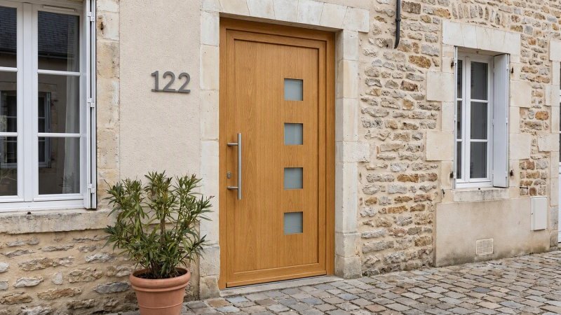 Porte d'entrée bois modèle 122 sur mesure — photo d'ambiance, chêne verni