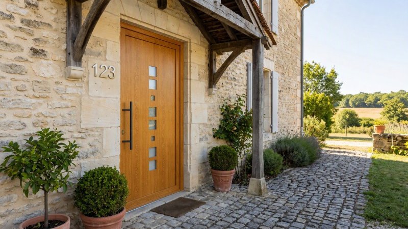 Porte d'entrée bois modèle 123 sur mesure — photo d'ambiance, chêne verni