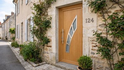 Porte d'entrée bois modèle 124 sur mesure — photo d'ambiance, chêne verni