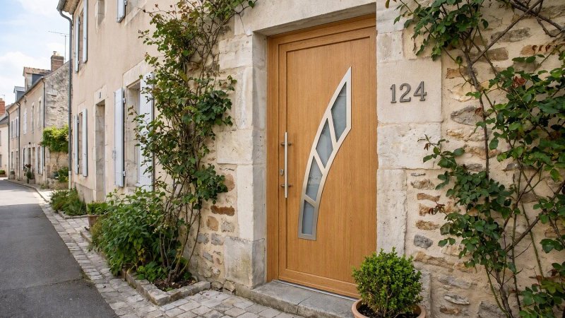 Porte d'entrée bois modèle 124 sur mesure — photo d'ambiance, chêne verni