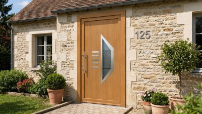 Porte d'Entrée Bois Sur Mesure – Semi-Vitrée Design, Pans Coupés et Barrettes