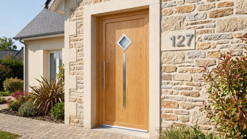 Porte d'entrée bois modèle 127 sur mesure — photo d'ambiance, chêne verni