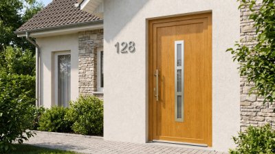Porte d'entrée bois modèle 128 sur mesure — photo d'ambiance, chêne verni