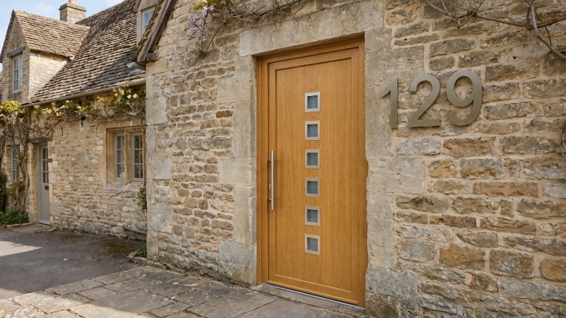 Porte d'entrée bois modèle 129 sur mesure — photo d'ambiance, chêne verni