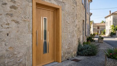 Porte d'Entrée Bois Sur Mesure – Semi-Vitrée Moderne, Vitrage Étroit et 2 Baguettes