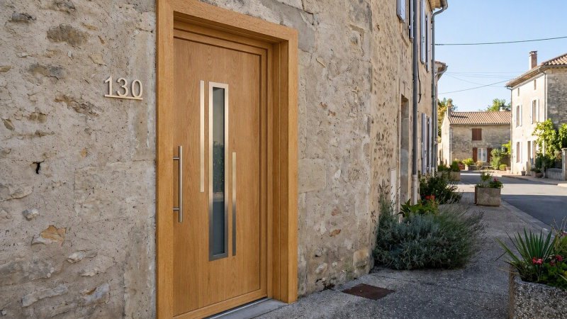 Porte d'entrée bois modèle 130 sur mesure — photo d'ambiance, chêne verni