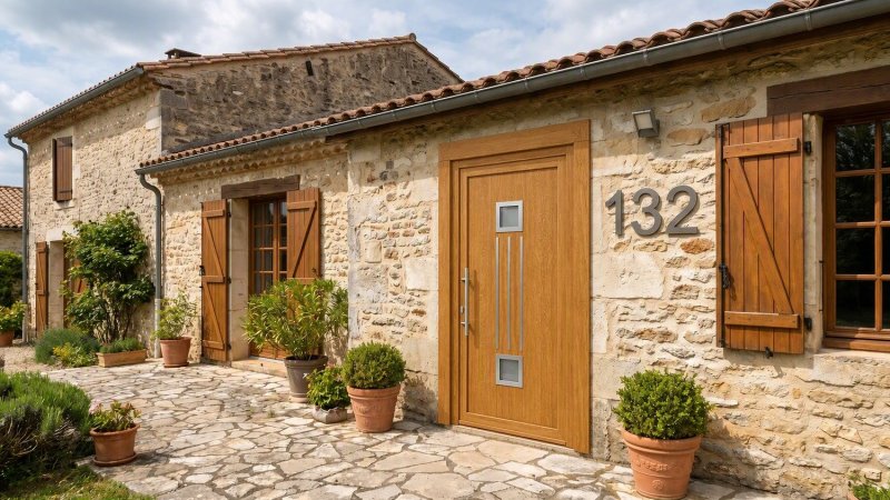 Porte d'entrée bois modèle 132 sur mesure — photo d'ambiance, chêne verni
